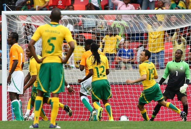 PORT ELIZABETH, SOUTH AFRICA - NOVEMBER 12: Katlego Mphela of South Africa scores  goal during the Nelson Mandela Challenge match between South Africa and Ivory Coast at Nelson Mandela Bay Stadium on November 12, 2011 in Port Elizabeth, South Africa. (Photo by Richard Huggard/Gallo Images/Getty Images)