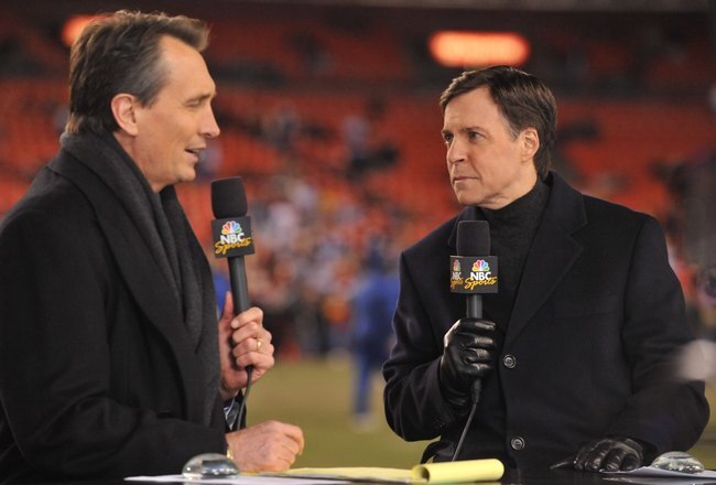 LANDOVER, MD - DECEMBER 27:  Chris Collinsworth and Bob Costas do the pregame show before the game between the Washington Redskins and the Dallas Cowboys at FedExField on December 27, 2009 in Landover, Maryland. The Cowboys defeated the Redskins 17-0. (Photo by Larry French/Getty Images)