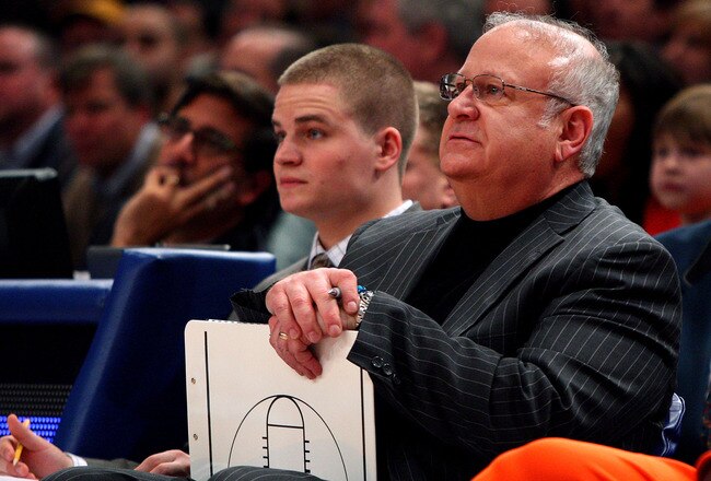 NEW YORK - MARCH 12:  Assistant coach Bernie Fine of the Syracuse Orange looks on from the sidelines during their game against the Connecticut Huskies during the quarterfinals of the Big East Tournament at Madison Square Garden on March 12, 2009 in New York City.  (Photo by Jim McIsaac/Getty Images)