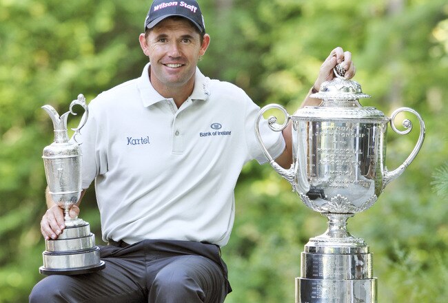 BOSTON;MA - AUGUST 28:  Golfer Padraig Harrington of Ireland poses with the Claret Jug and Wanamaker Trophy following his wins in the 137th Open Championship at Royal Birkdale and the 90th PGA Championship at Oakland Hills during a photoshoot in Boston, MA,USA on the 28th of August 2008. (Photo by David Cannon/Getty Images)