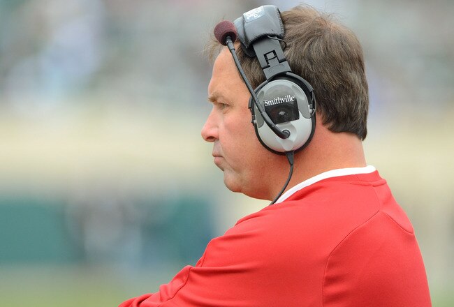 EAST LANSING, MI - NOVEMBER 19:  Indiana Hoosiers head coach Kevin Wilson looks on from the sidelines during the game against the Michigan State Spartans at Spartan Stadium on November 19, 2011 in East Lansing, Michigan. The Spartans defeated the Hoosiers 55-3.  (Photo by Mark A. Cunningham/Getty Images)