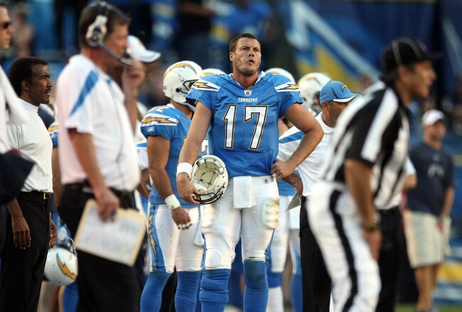 SAN DIEGO, CA - NOVEMBER 27:  Quarterback Philip Rivers #17 of  the San Diego Chargers looks on from the sidelines after having to kick the ball to the Denver Broncos during their NFL Game on November 27, 2011 at Qualcomm Stadium in San Diego, California. The Broncos won 16-13 in overtime. (Photo by Donald Miralle/Getty Images)