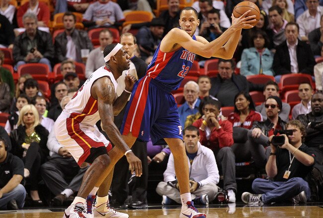 MIAMI, FL - JANUARY 28:  Tayshaun Prince #22 of of the Detroit Pistons posts up LeBron James #6 of the Miami Heat during a game at American Airlines Arena on January 28, 2011 in Miami, Florida. NOTE TO USER: User expressly acknowledges and agrees that, by downloading and/or using this Photograph, User is consenting to the terms and conditions of the Getty Images License Agreement.  (Photo by Mike Ehrmann/Getty Images)