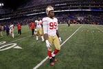 BALTIMORE, MD - NOVEMBER 24:  Aldon Smith #99 of the San Francisco 49ers walks off the field after the Baltimore Ravens defeated the 49ers at M&T Bank Stadium on November 24, 2011 in Baltimore, Maryland.  (Photo by Rob Carr/Getty Images)