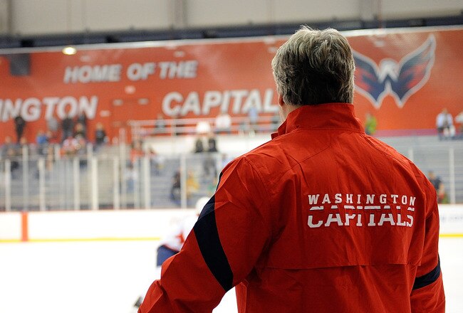 ARLINGTON, VA - NOVEMBER 28:  Washington Capitals head coach Dale Hunter watches members of the Washington Capitals practice at Kettler Iceplex on November 28, 2011 in Arlington, Virginia. Hunter became the head coach after Bruce Boudreau was fired.  (Photo by Patrick McDermott/Getty Images)