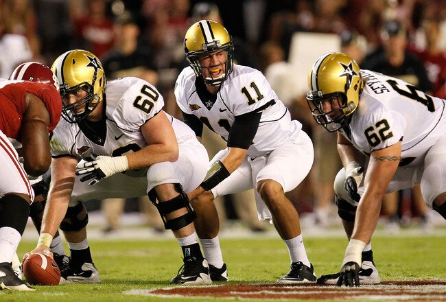 TUSCALOOSA, AL - OCTOBER 08:  Jordan Rodgers #11 of the Vanderbilt Commodores against the Alabama Crimson Tide at Bryant-Denny Stadium on October 8, 2011 in Tuscaloosa, Alabama.  (Photo by Kevin C. Cox/Getty Images)