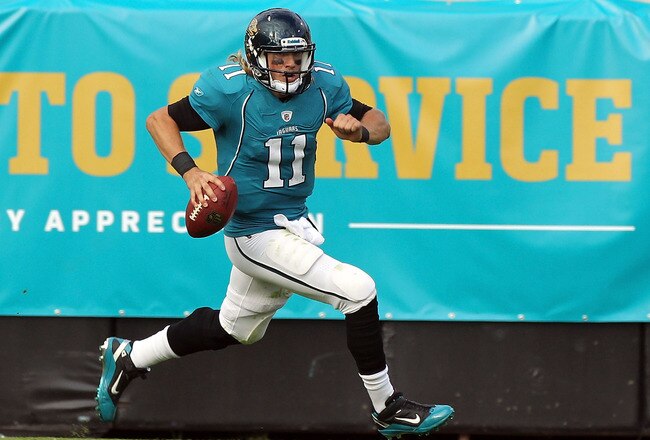 JACKSONVILLE, FL - NOVEMBER 27:   Blaine Gabbert #11 of the Jacksonville Jaguars scrambles for yardage during the game against the Houston Texans at EverBank Field on November 27, 2011 in Jacksonville, Florida.  (Photo by Sam Greenwood/Getty Images)