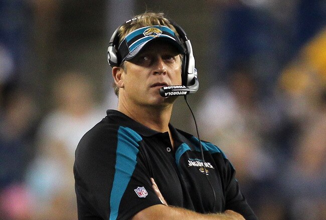 FOXBORO, MA - AUGUST 11: Jack Del Rio coach of the Jacksonville Jaguars watches the action against the New England Patriots during a preseason game at Gillette Stadium on August 11, 2011 in Foxboro, Massachusetts. (Photo by Jim Rogash/Getty Images)