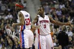 AUBURN HILLS, MI - MARCH 23:  Richard Hamilton #32 of the Detroit Pistons celebrates a three-point basket with teammate Rodney Stuckey #3 while playing the Miami Heat at The Palace of Auburn Hills on March 23, 2011 in Auburn Hills, Michigan. Miami won the game 100-94. NOTE TO USER: User expressly acknowledges and agrees that, by downloading and or using this photograph, User is consenting to the terms and conditions of the Getty Images License Agreement.  (Photo by Gregory Shamus/Getty Images)