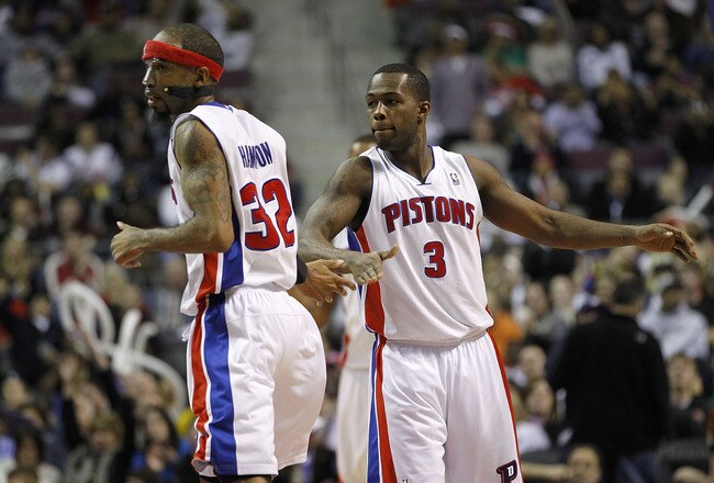 AUBURN HILLS, MI - MARCH 23:  Richard Hamilton #32 of the Detroit Pistons celebrates a three-point basket with teammate Rodney Stuckey #3 while playing the Miami Heat at The Palace of Auburn Hills on March 23, 2011 in Auburn Hills, Michigan. Miami won the game 100-94. NOTE TO USER: User expressly acknowledges and agrees that, by downloading and or using this photograph, User is consenting to the terms and conditions of the Getty Images License Agreement.  (Photo by Gregory Shamus/Getty Images)