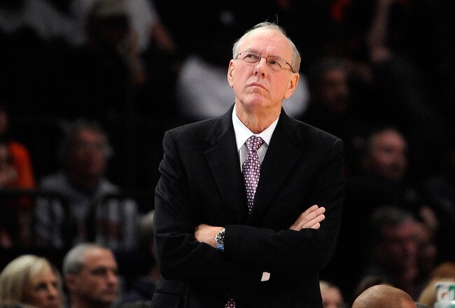 NEW YORK, NY - NOVEMBER 25:  Head Coach Jim Boeheim of the Syracuse Orange reacts against the Stanford Cardinal at the 2011 Dick's Sporting Goods NIT Season Tip-Off at Madison Square Garden on November 25, 2011 in New York City.  (Photo by Patrick McDermott/Getty Images)