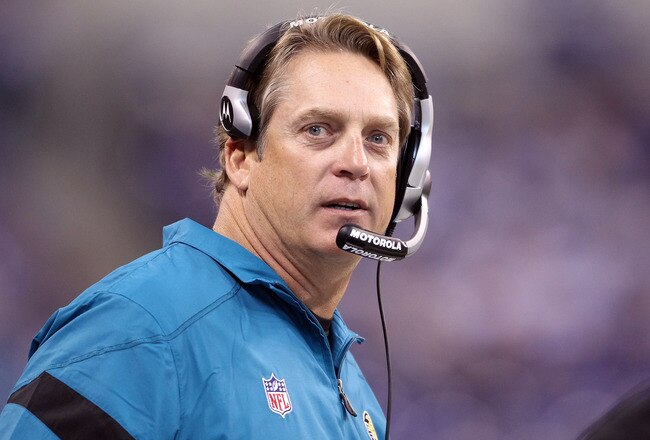 INDIANAPOLIS, IN - NOVEMBER 13:  Jack Del Rio the Head Coach of the Jacksonville Jaguars watches the action during the game against the Indianapolis Colts at Lucas Oil Stadium on November 13, 2011 in Indianapolis, Indiana.  (Photo by Andy Lyons/Getty Images)