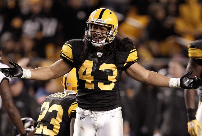 PITTSBURGH, PA - NOVEMBER 06: Troy Polamalu #43 of the Pittsburgh Steelers questions a penalty on the field against the Baltimore Ravens during the game on November 6, 2011 at Heinz Field in Pittsburgh, Pennsylvania.  (Photo by Jared Wickerham/Getty Images)