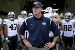 FORT COLLINS, CO - NOVEMBER 01:  Head coach Bronco Mendenhall of the Brigham Young Cougars prepares to lead his team onto the field to face the Colorado State Rams at Sonny Lubick Field at Hughes Stadium on November 1, 2008 in Fort Collins, Colorado. BYU defeated CSU 45-42.  (Photo by Doug Pensinger/Getty Images)