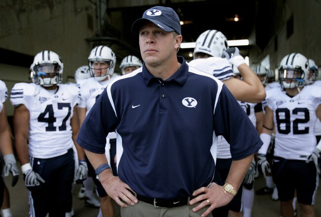 FORT COLLINS, CO - NOVEMBER 01:  Head coach Bronco Mendenhall of the Brigham Young Cougars prepares to lead his team onto the field to face the Colorado State Rams at Sonny Lubick Field at Hughes Stadium on November 1, 2008 in Fort Collins, Colorado. BYU defeated CSU 45-42.  (Photo by Doug Pensinger/Getty Images)