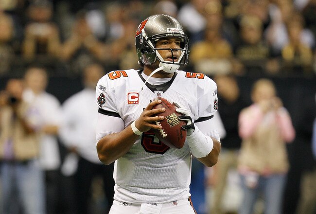 NEW ORLEANS, LA - NOVEMBER 06:  Josh Freeman #5 of the Tampa Bay Buccaneers looks to pass against the New Orleans Saints at Mercedes-Benz Superdome on November 6, 2011 in New Orleans, Louisiana.  (Photo by Kevin C. Cox/Getty Images)