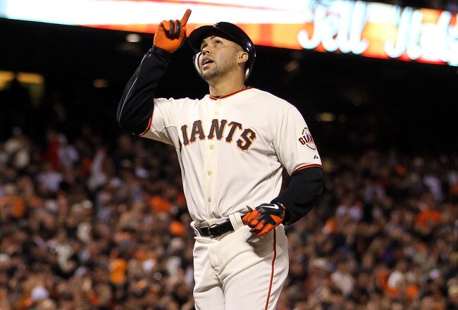 SAN FRANCISCO, CA - AUGUST 24: Carlos Beltran #15 of the San Francisco Giants points to the sky after he hit a solo home run in the fourth inning of their game against the San Diego Padres at AT&T Park on August 24, 2011 in San Francisco, California.  (Photo by Ezra Shaw/Getty Images)