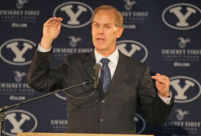 PROVO, UT - SEPTEMBER 1:  BYU  Athletic Director Tom Holmoe announces that BYU football will become independent in football in 2011 separating from the Mountain West Conference, September 1, 2010 in Provo, Utah. The remaining BYU sports will become affiliated with the West Coast Conference in 2011. (Photo by George Frey/Getty Images)