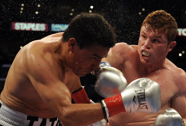 LOS ANGELES, CA - SEPTEMBER 18:  Saul Alvarez of Mexico hits Carlos Baldomir of Argentina in the WBC Super Welterweight Silver Title fight at Staples Center on September 18, 2010 in Los Angeles, California.  (Photo by Harry How/Getty Images)