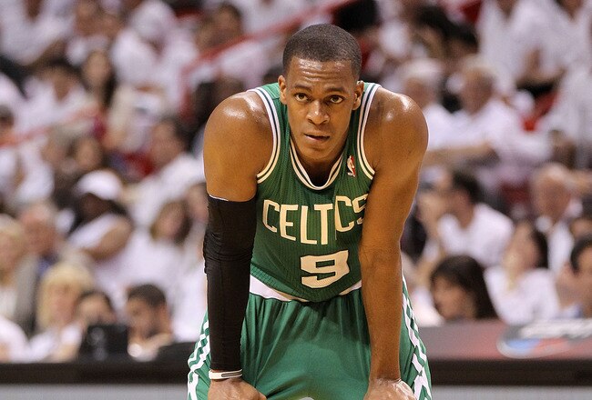 MIAMI, FL - MAY 01:  Rajon Rondo #9  of the Boston Celtics looks on  during Game One of the Eastern Conference Semifinals of the 2011 NBA Playoffs against the Miami Heat at American Airlines Arena on May 1, 2011 in Miami, Florida. NOTE TO USER: User expressly acknowledges and agrees that, by downloading and/or using this Photograph, User is consenting to the terms and conditions of the Getty Images License Agreement.  (Photo by Mike Ehrmann/Getty Images)