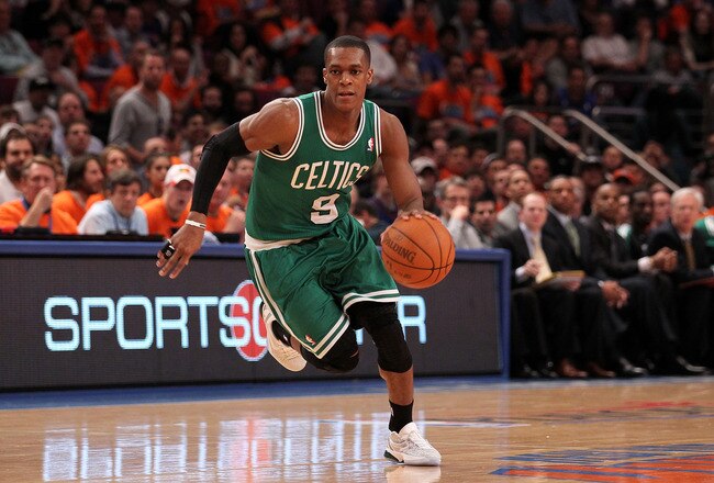 NEW YORK, NY - APRIL 24:  Rajon Rondo #9 of the Boston Celtics brings the ball up court against the New York Knicks in Game Four of the Eastern Conference Quarterfinals during the 2011 NBA Playoffs on April 24, 2011 at Madison Square Garden in New York City. NOTE TO USER: User expressly acknowledges and agrees that, by downloading and or using this photograph, User is consenting to the terms and conditions of the Getty Images License Agreement  (Photo by Nick Laham/Getty Images)