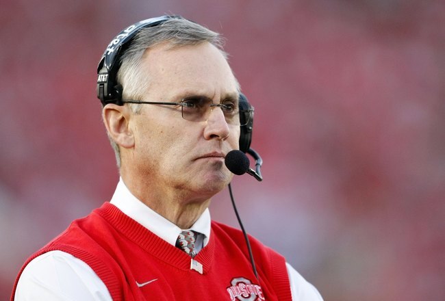 PASADENA, CA - JANUARY 01:  Head coach Jim Tressel of the Ohio State Buckeyes is seen during the 96th Rose Bowl game against the Oregon Ducks on January 1, 2010 in Pasadena, California.  (Photo by Jeff Gross/Getty Images)