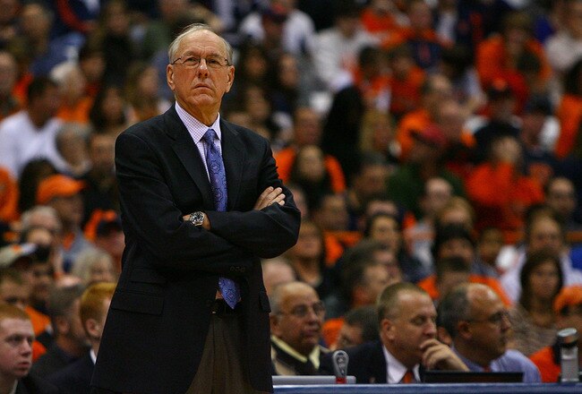 SYRACUSE, NY - NOVEMBER 19:  Head coach of the Syracuse Orange, Jim Boeheim looks on from the sideline during the game against the Colgate Raiders at the Carrier Dome on November 19, 2011 in Syracuse, New York.  (Photo by Nate Shron/Getty Images)