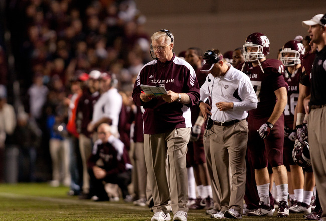 COLLEGE STATION, TX - NOVEMBER 24:  Head Coach Mike Sherman the Texas A&M Aggies works the sidelines in a game against the Texas Longhorns at Kyle Field on November 24, 2011 in College Station, Texas. (Photo by Darren Carroll/Getty Images)