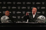 ALAMEDA, CA - JANUARY 18:  New Oakland Raiders coach Hue Jackson (L) looks on as Raiders owner Al Davis speaks during a press conference on January 18, 2011 in Alameda, California. Hue Jackson was introduced as the new coach of the Oakland Raiders, replacing the fired Tom Cable.  (Photo by Justin Sullivan/Getty Images)