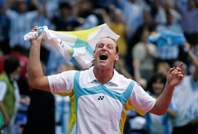 MOSCOW, RUSSIA - DECEMBER 3: Argentinian David Nalbandian celebrates his victory during the final match of the Davis Cup tennis tournament on December 3, 2006 in Moscow, Russia. He won 6-2, 6-2, 4-6, 6-4 (Photo by Oleg Nikishin/Epsilon/Getty Images)