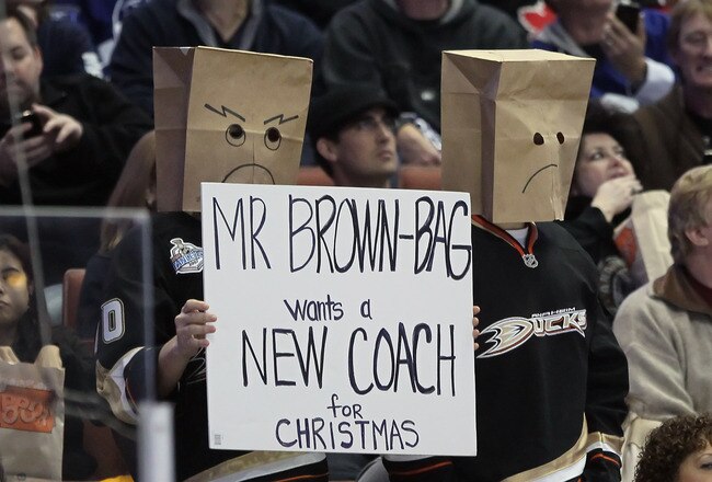 ANAHEIM, CA - NOVEMBER 27:  Fans show their displeasure for head coach Randy Carlyle (not pictured) of the Anaheim Ducks in the second period against the Toronto Maple Leafs at Honda Center on November 27, 2011 in Anaheim, California. The Leafs defeated the Ducks 5-2.  (Photo by Jeff Gross/Getty Images)