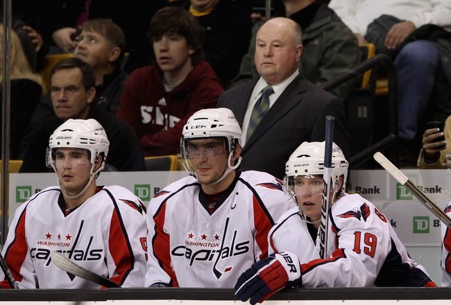 BOSTON - OCTOBER 21:  Head coach Bruce Boudreau of the Washington Capitals and (l-r) Marcus Johansson #90, Alex Ovechkin #8 and Nicklas Backstrom #19 look on from the bench against the Boston Bruins at the TD Garden on October 21, 2010 in Boston, Massachusetts.  The Bruins won 4-1.  (Photo by Bruce Bennett/Getty Images)