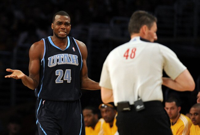 LOS ANGELES, CA - MAY 04:  Paul Millsap #24 of the Utah Jazz reacts to a call by referee Scott Foster during Game Two of the Western Conference Semifinals of the 2010 NBA Playoffs against the Los Angeles Lakers at Staples Center on May 4, 2010 in Los Angeles, California.  (Photo by Harry How/Getty Images)