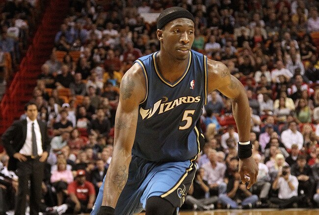 MIAMI, FL - FEBRUARY 25:  Josh Howard #5 of the  Washington Wizards drives against the Miami Heat  at American Airlines Arena on February 25, 2011 in Miami, Florida. NOTE TO USER: User expressly acknowledges and agrees that, by downloading and/or using this Photograph, User is consenting to the terms and conditions of the Getty Images License Agreement.  (Photo by Mike Ehrmann/Getty Images)