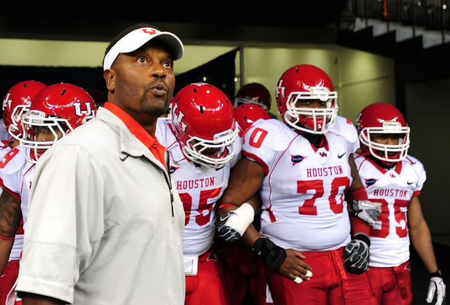 NEW ORLEANS, LA - NOVEMBER 10:  Kevin Sumlin, head coach of the University of Houston Cougars waits to take the field against the Tulane Green Wave at the Mercedes-Benz Superdome on November 10, 2011 in New Orleans, Louisiana.  (Photo by Stacy Revere/Getty Images)
