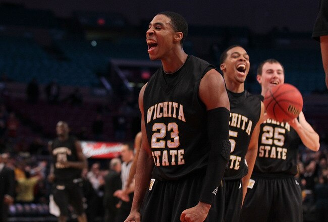 NEW YORK, NY - MARCH 31: Toure' Murry #23 of the Wichita State Shockers celebrates at the buzzer after defeating the Alabama Crimson Tide to win the 2011 NIT Championship game on March 31, 2011 at Madison Square Garden in New York City. Wichita State defeated Alabama 66-57.  (Photo by Jim McIsaac/Getty Images)