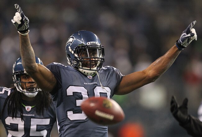 SEATTLE - DECEMBER 01:  Cornerback Brandon Browner #39 of the Seattle Seahawks celebrates after making an interception against the Philadelphia Eagles at CenturyLink Field on December 1, 2011 in Seattle, Washington. The Seahawks defeated the Eagles 34-14.
(Photo by Otto Greule Jr/Getty Images)