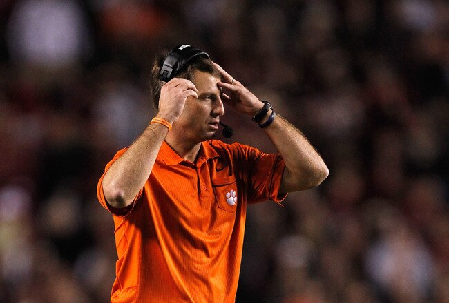 COLUMBIA, SC - NOVEMBER 26:  Head coach Dabo Swinney of the Clemson Tigers reacts to a call during their game against the South Carolina Gamecocks at Williams-Brice Stadium on November 26, 2011 in Columbia, South Carolina.  (Photo by Streeter Lecka/Getty Images)