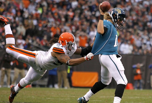 CLEVELAND, OH - NOVEMBER 20:  Defensive lineman Jabaal Sheard #97 of the Cleveland Browns sacks quarterback Blaine Gabbert #11 of the Jacksonville Jaguars at Cleveland Browns Stadium on November 20, 2011 in Cleveland, Ohio.  (Photo by Matt Sullivan/Getty Images)