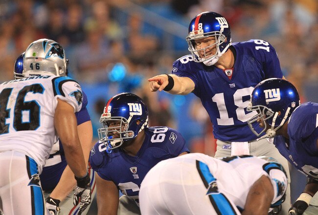 CHARLOTTE, NC - AUGUST 13:  Sage Rosenfels #18 of the New York Giants against the Carolina Panthers during their preseason game at Bank of America Stadium on August 13, 2011 in Charlotte, North Carolina.  (Photo by Streeter Lecka/Getty Images)