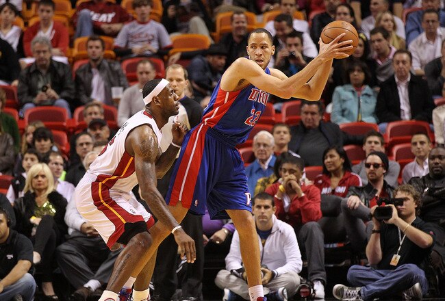 MIAMI, FL - JANUARY 28:  Tayshaun Prince #22 of of the Detroit Pistons posts up LeBron James #6 of the Miami Heat during a game at American Airlines Arena on January 28, 2011 in Miami, Florida. NOTE TO USER: User expressly acknowledges and agrees that, by downloading and/or using this Photograph, User is consenting to the terms and conditions of the Getty Images License Agreement.  (Photo by Mike Ehrmann/Getty Images)
