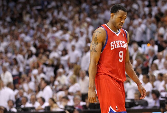 MIAMI, FL - APRIL 27: Andre Iguodala #9 of the Philadelphia 76ers walks off the floor during game five of the Eastern Conference Quarterfinals in the 2011 NBA Playoffs against the Miami Heat at American Airlines Arena on April 27, 2011 in Miami, Florida. NOTE TO USER: User expressly acknowledges and agrees that, by downloading and/or using this Photograph, User is consenting to the terms and conditions of the Getty Images License Agreement. (Photo by Mike Ehrmann/Getty Images)