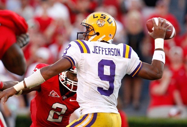 ATHENS, GA - OCTOBER 03:  Jordan Jefferson #9 of the Louisiana State University Tigers against the Georgia Bulldogs at Sanford Stadium on October 3, 2009 in Athens, Georgia.  (Photo by Kevin C. Cox/Getty Images)