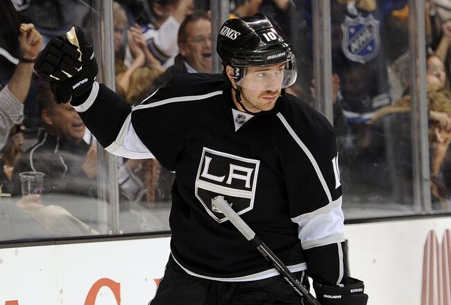 LOS ANGELES, CA - NOVEMBER 28: Mike Richards #10 of the Los Angeles Kings celebrates his goal for a 2-0 lead over the San Jose Sharks during the second period at Staples Center on November 28, 2011 in Los Angeles, California.  (Photo by Harry How/Getty Images)