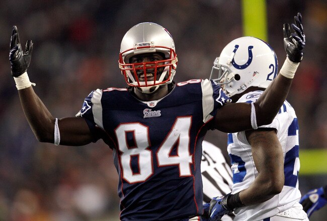 FOXBORO, MA - NOVEMBER 21: Deion Branch #84 of the New England Patriots reacts after teammate in the second half against the Indianapolis Colts at Gillette Stadium on November 21, 2010 in Foxboro, Massachusetts. (Photo by Jim Rogash/Getty Images)