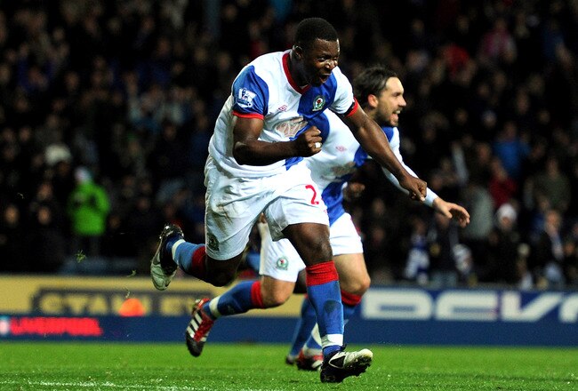BLACKBURN, ENGLAND - DECEMBER 03:  Yakubu of Blackburn Rovers celebrates scoring his third goal during the Barclays Premier League match between Blackburn Rovers and Swansea City at Ewood Park on December 3, 2011 in Blackburn, England.  (Photo by Chris Brunskill/Getty Images)