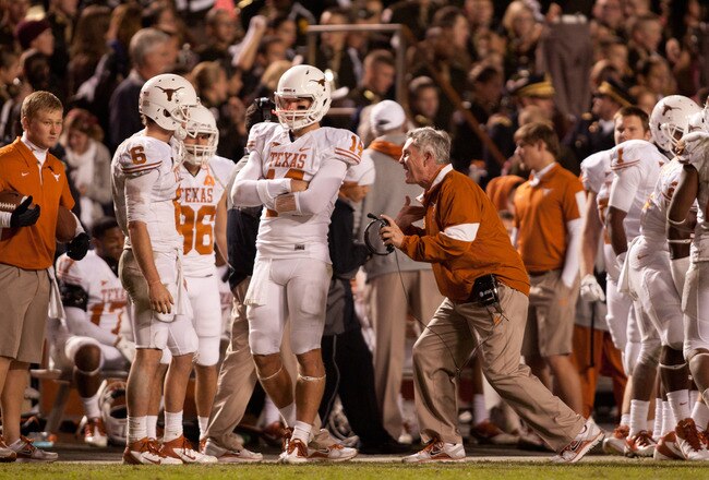 COLLEGE STATION, TX - NOVEMBER 24:  Head Coach Mack Brown of the Texas Longhorns works the sidelines in the second half of a game against the Texas A&M Aggies at Kyle Field on November 24, 2011 in College Station, Texas. (Photo by Darren Carroll/Getty Images)