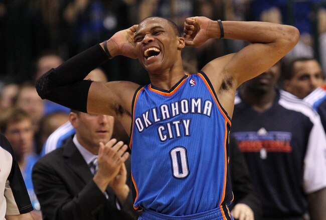 DALLAS, TX - MAY 25:  Russell Westbrook #0 of the Oklahoma City Thunder reacts in the fourth quarter while taking on the Dallas Mavericks in Game Five of the Western Conference Finals during the 2011 NBA Playoffs at American Airlines Center on May 25, 2011 in Dallas, Texas. NOTE TO USER: User expressly acknowledges and agrees that, by downloading and or using this photograph, User is consenting to the terms and conditions of the Getty Images License Agreement.  (Photo by Ronald Martinez/Getty Images)