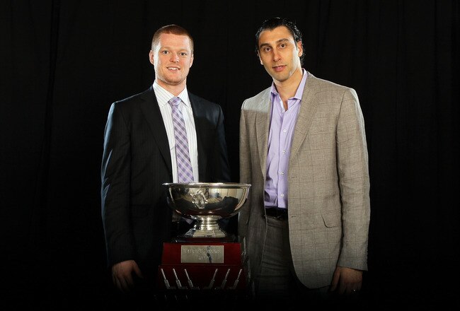 LAS VEGAS, NV - JUNE 22:  Cory Schneider and Roberto Luongo of the Vancouver Canucks pose after winning the William M. Jennings Trophy during the 2011 NHL Awards at The Pearl concert theater at the Palms Casino Resort June 22, 2011 in Las Vegas, Nevada.  (Photo by Jeff Gross/Getty Images)