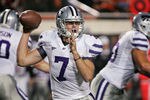 STILLWATER, OK - NOVEMBER 5:  Quarterback Collin Klein #7 of the Kansas State Wildcats looks to throw in the first half against the Oklahoma State Cowboys on November 5, 2011 at Boone Pickens Stadium in Stillwater, Oklahoma.  Oklahoma State defeated Kansas State 52-45.  (Photo by Brett Deering/Getty Images)
